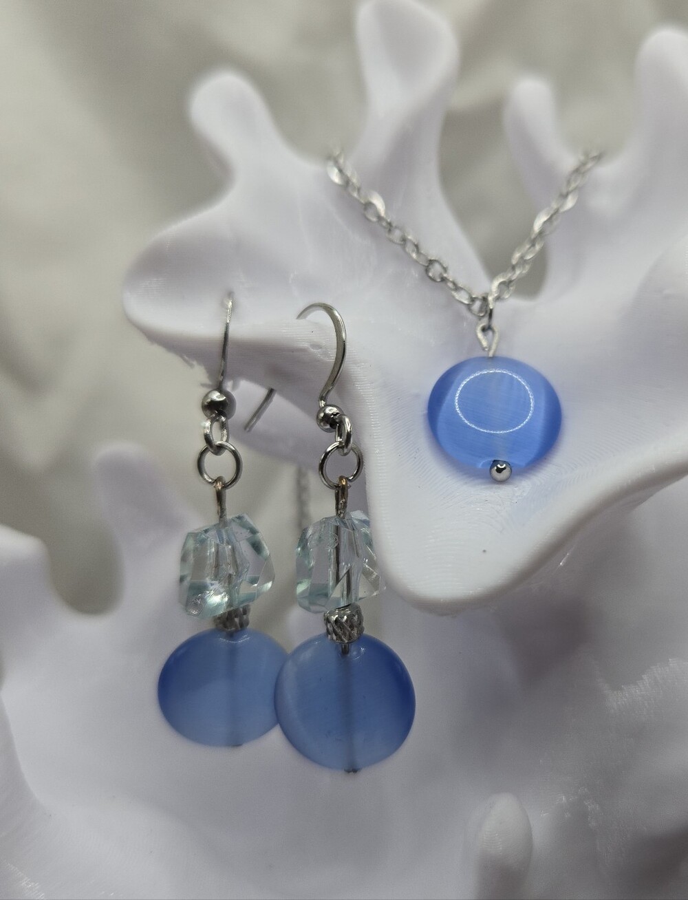 Delicate Stainless Steel Blue Glass Pendant Necklace and Earrings Set